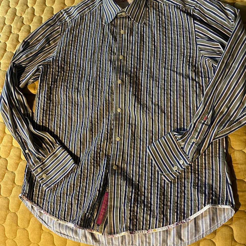 Men's Striped Button-Up Shirt with embroidered front